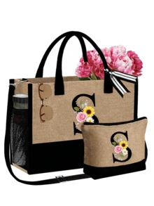 Personalized Floral Letter Linen Canvas Tote Bag Set, A-Z Letter Large Capacity Tote Bag With Matching Small Pouch, Suitable For Carrying Daily Essentials, Groceries, Travel Items, For Women, Fashion Lovers, Personalization Enthusiasts, Great For Daily Use, Shopping, Beach Travel, Adding Fashionable Personalized Accent To Outfits, Christmas/New Year Gift - Multicolor - View 35