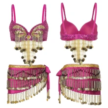 两件套肚皮舞服装，女士塑料珠饰流苏亮片胸衣上装和天鹅绒臀巾舞蹈服 - 彩色 - 查看 15