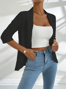 Sleeve Turn-Down Collar Ruffle Hem Tightened Waist Jacket Autumn Clothing - / U00e9 Women |      TiktokPriv Private Autumn Winter Basic Simple Ribbed Mid-Length 992 - Black - View 5