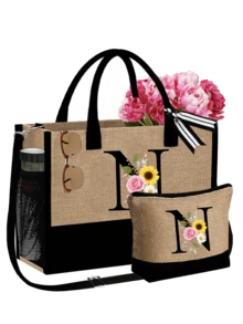 Personalized Floral Letter Linen Canvas Tote Bag Set, A-Z Letter Large Capacity Tote Bag With Matching Small Pouch, Suitable For Carrying Daily Essentials, Groceries, Travel Items, For Women, Fashion Lovers, Personalization Enthusiasts, Great For Daily Use, Shopping, Beach Travel, Adding Fashionable Personalized Accent To Outfits, Christmas/New Year Gift - Multicolor - View 14