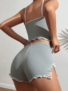 2 件女士性感蕾丝拼接吊带背心和短裤睡衣套装，两件套 - 灰色 - 查看 5