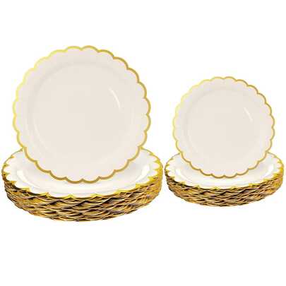 10 st/20 st/50 st elfenbensfärgade papperstallrikar med guldfoliedekor, 18 cm/23 cm engångstallrikar med elfenbensfärgade vågiga former, tårtfat, lämpliga för bröllop, babyshowers, födelsedagar, desserter
