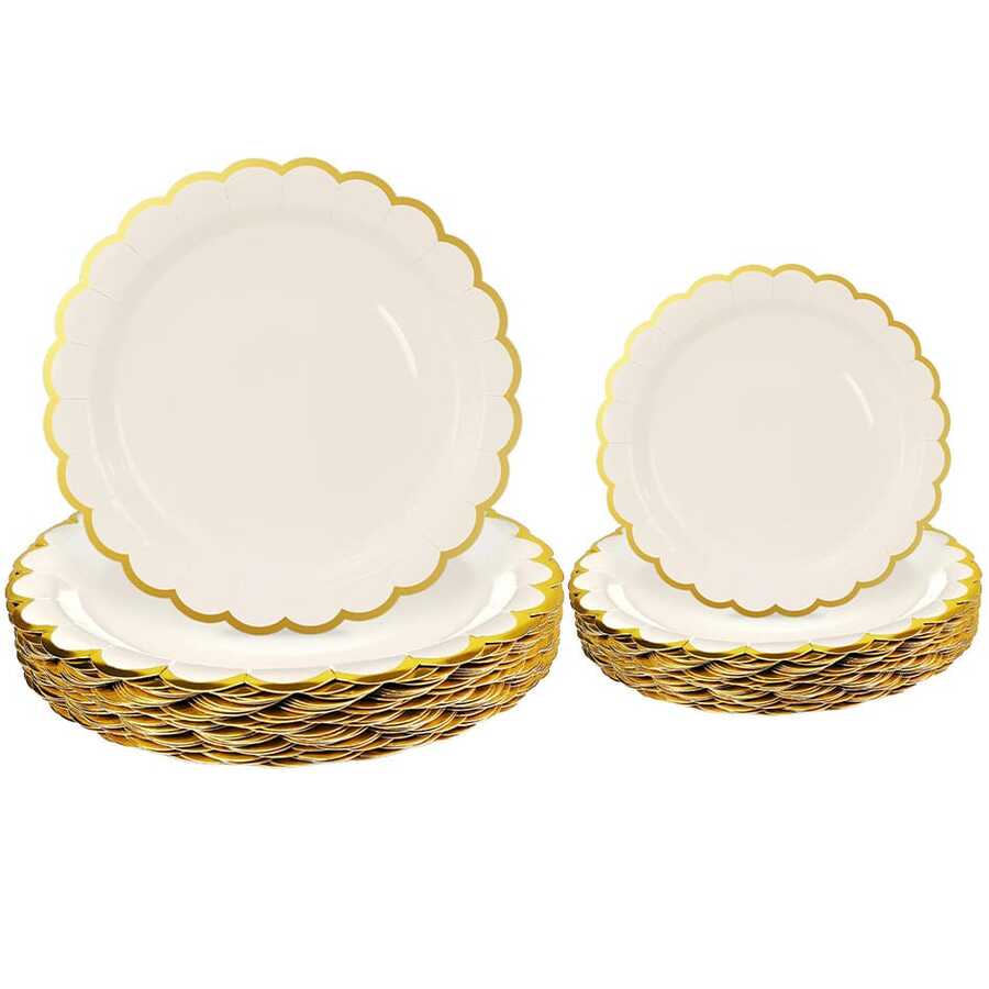 10个/20个/50个装象牙色纸盘，金色箔纸装饰，7英寸/9英寸一次性象牙色扇形纸盘，奶油蛋糕盘，适用于婚礼、婴儿派对、生日、甜点等场合。 - 白色 - 查看 1