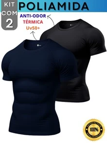 Kit com 2 Camisas Poliamida Masculina Compressão Manga Curta Térmica Anti Odor Uv50+ Academia Treino Raglan KJG - Preto e Azul Marinho - Visão 1