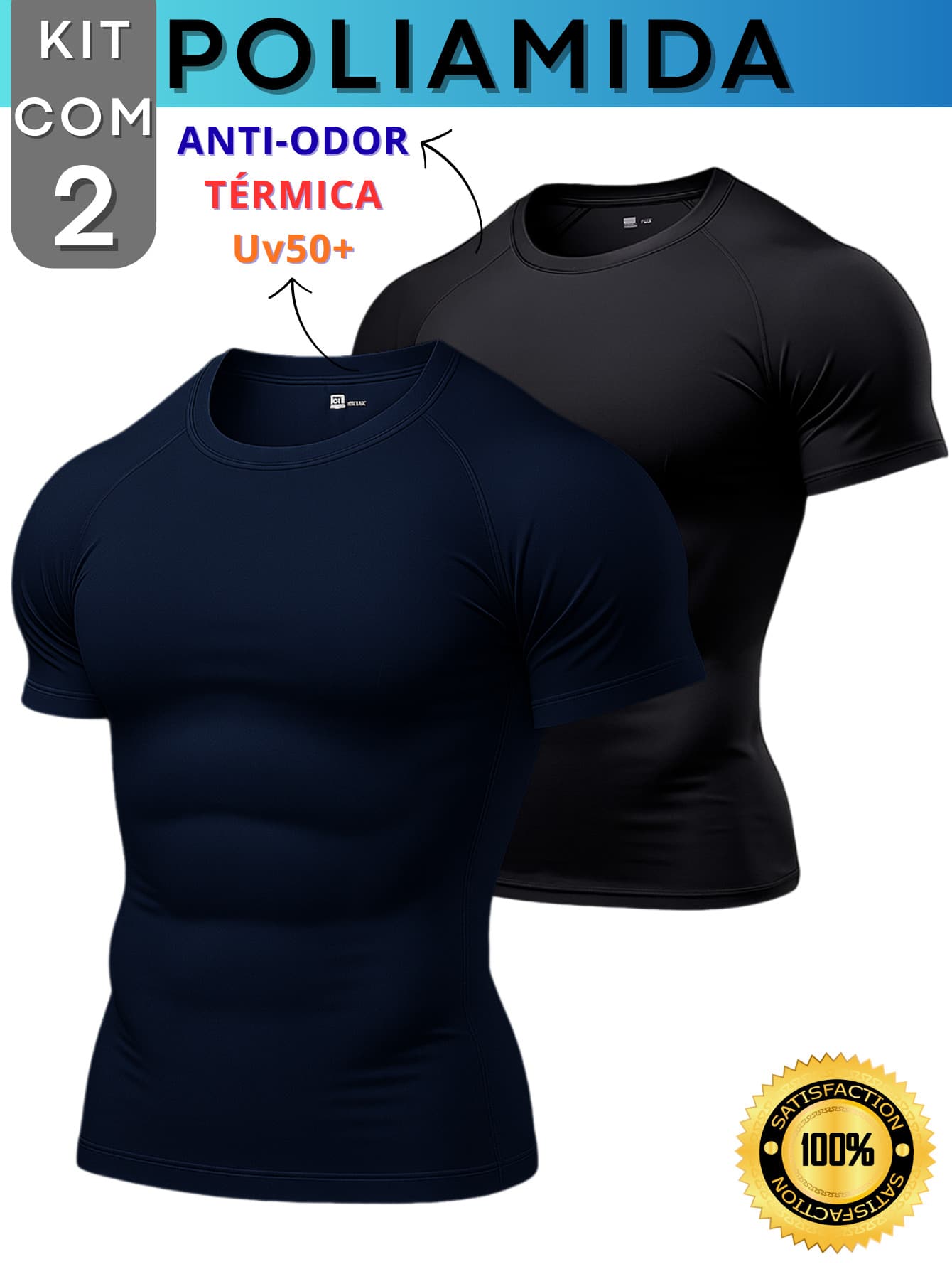Kit com 2 Camisas Poliamida Masculina Compressão Manga Curta Térmica Anti Odor Uv50+ Academia Treino Raglan KJG - Preto e Azul Marinho - Visão 1