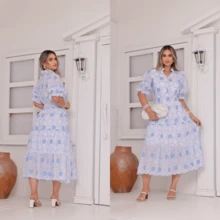 Women's Midi Dress With Embroidered Lace, All-Over Print, Embroidery, Button Detail, Ruffle Detail, Gathered Detail, Suitable For Formal And Evening Wear. - 查看 1
