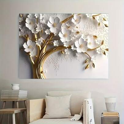 1pc Frameless Modern Floral Canvas Art Posters Wall Decor Wall Arts For Living Room & Bedroom, Elegant White