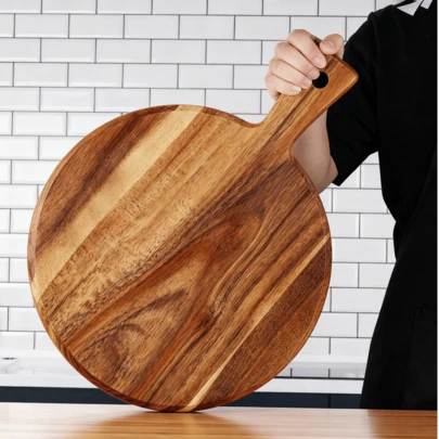 1pc Acacia Wood Cutting Board With Handle - Kitchen Chopping Board, Round - Natural Wood, Suitable For Cutting, Serving Fruits, Cheese, Charcuterie, Etc. - Smooth Large Prep Surface, Dual-Purpose Serving Tray | Perfect For Home Kitchen And Dining, Essential Kitchen Accessory | Round Pizza Board | Wooden Board, Wooden Pizza Peel, Pizza Serving Board, Kitchen Supplies