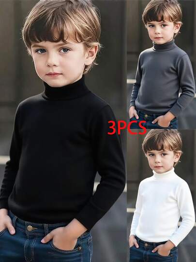 3 قطع من قمصان الأساس ذات الياقة العالية بأكمام طويلة من الصوف الحراري ذات اللون الأحادي للأولاد، للخريف والشتاء
