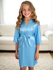 Tween Girl Loose Fit Belted Robe, Light Blue - Baby Blue - View 4
