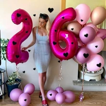 1套32英寸红色数字气球套装，包含黑色心形0-9数字铝箔气球，适合生日派对和周年纪念装饰 - 玫紅色 - 查看 4
