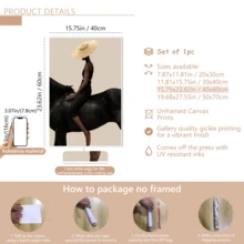 1 pieza Póster de arte moderno de pared, Impresión de arte abstracto moderno en lienzo, Póster de mujer montando, Mujer con gorro de punto montando un caballo negro, Arte elegante, Enmarcado o sin enmarcar, Decoración de habitación, Decoración del hogar, Decoración de dormitorio universitario, Regalos para decoración de paredes en hotel, hogar, regalo ideal de inauguración de la casa, sala de estar, dormitorio, baño y oficina