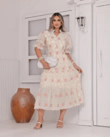 Women's Midi Dress With Embroidered Lace, All-Over Print, Embroidery, Button Detail, Ruffle Detail, Gathered Detail, Suitable For Formal And Evening Wear. - View 1