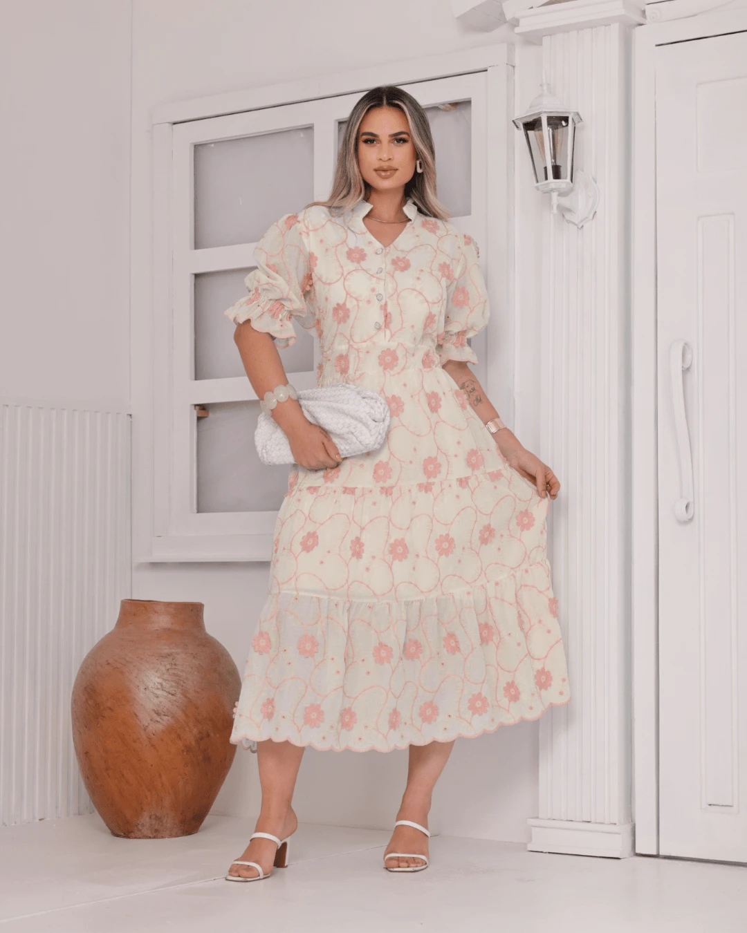 Women's Midi Dress With Embroidered Lace, All-Over Print, Embroidery, Button Detail, Ruffle Detail, Gathered Detail, Suitable For Formal And Evening Wear. - View 1