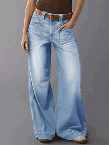 新款时尚女式宽松直筒弹力牛仔裤 - 淺色水洗藍 - 查看 4