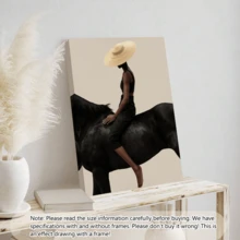 1 pieza Póster de arte moderno de pared, Impresión de arte abstracto moderno en lienzo, Póster de mujer montando, Mujer con gorro de punto montando un caballo negro, Arte elegante, Enmarcado o sin enmarcar, Decoración de habitación, Decoración del hogar, Decoración de dormitorio universitario, Regalos para decoración de paredes en hotel, hogar, regalo ideal de inauguración de la casa, sala de estar, dormitorio, baño y oficina