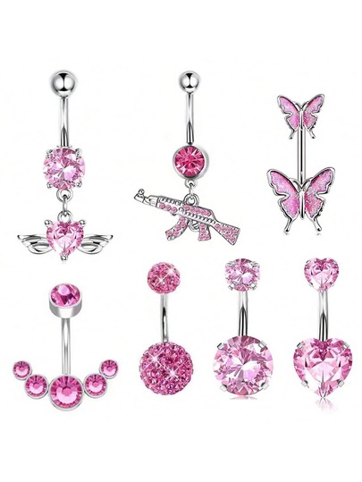 7pcs Belly Button Ring Set, Pink Series Zirconia Inlaid Navel Piercing, Personalized Handgun Rhinestone Navel Rings, Suitable For Women Daily Wear, Party, Holiday, Birthday Gift