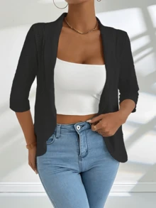 Sleeve Turn-Down Collar Ruffle Hem Tightened Waist Jacket Autumn Clothing - / U00e9 Women |      TiktokPriv Private Autumn Winter Basic Simple Ribbed Mid-Length 992 - Black - View 4