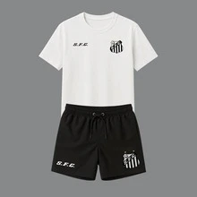 SANTOS PEIXÃO T-SHIRT + SHORTS KIT BERMUDA TACTEL ELASTANE SPORT DRY FIT YOUNG STRENGTH SANTOS BLACK AND WHITE BEACH - 黑白 - 查看 1