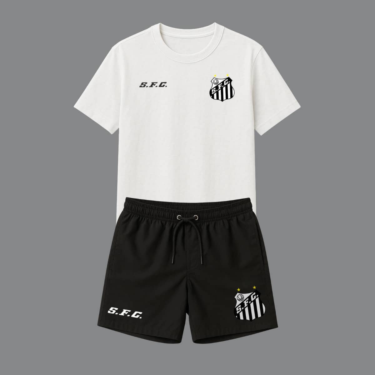 SANTOS PEIXÃO T-SHIRT + SHORTS KIT BERMUDA TACTEL ELASTANE SPORT DRY FIT YOUNG STRENGTH SANTOS BLACK AND WHITE BEACH - 黑白 - 查看 1