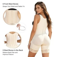 Zip & Hook Closure Body Shaper With Wide Shoulder Straps, Boned Tummy Contouring Mid Thigh Shapewear With Lace Leg Opening - Coffee Brown - View 6