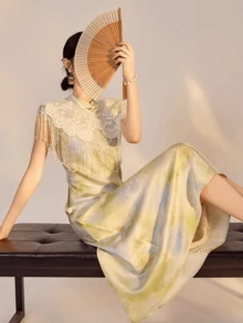 1 Stück schwer bestickter Glasperlen-Quasten Cheongsam Schultertuch, Spitzen-Häkelei Rüschen einfarbiger Retro-Spitzen-Bolero Kragen