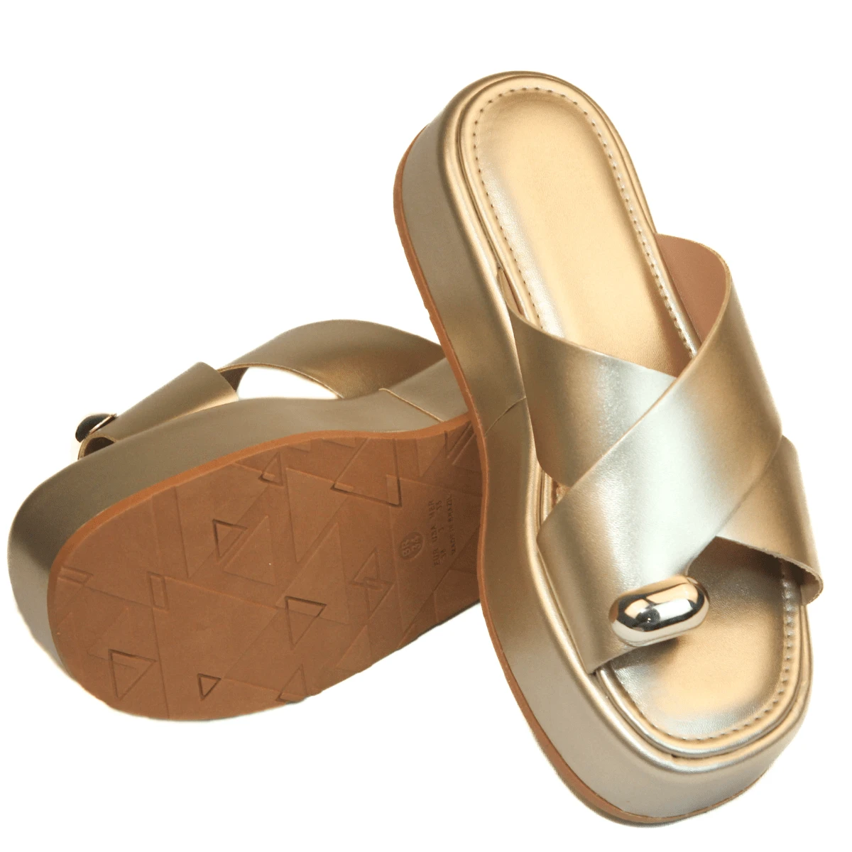 Women's Platform Sandal With Crossed Straps And Metallic Embellishment, Beach Metal Detail - Vàng - Xem 1