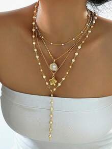 4件套时尚简约波西米亚贝壳花朵及仿珍珠Y型项链套装，适合度假、约会、派对、送礼、日常佩戴 - 彩色 - 查看 5