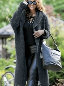Women's Winter Coats, Women's Tops, Plus Size Cardigan, Fondi Solid Hooded Button Front Cardigan, Casual Long Sleeve Cardigan For Fall & Winter, Women's Clothing, Loose Knit Sweater For Women In Autumn/Winter, Solid Ribbed Knit Cardigan For Women, Resort Style, Autumn/Winter, Women's Winter Clothing - 深灰色 - 查看 2