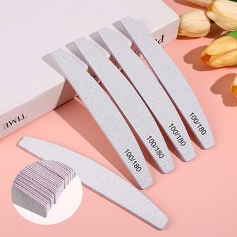 Set de 5 piezas de limas de uñas profesionales de doble cara, 100/180 herramientas de uñas reutilizables para lijar, tiras de lijado en forma de media luna gris-blancas con dientes, recorte de uñas de cebra, eliminación y lijado de uñas, limas de uñas de doble cara con forma de peine, papel de lija esencial para uñas artificiales y naturales, suministros de manicura, set de preparación de manicura tipo prensa