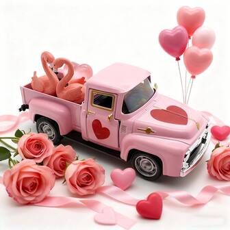 1 pieza Regalo del Día de San Valentín, Camión de granja metálico en miniatura con pájaros en pareja, Globos con corazones rosa y dorado, Vehículo en miniatura para decoración de escritorio en casa/oficina, Decoraciones navideñas, Relleno de calcetines navideños, Camión navideño, Ideas de regalo navideño, Decoraciones navideñas en miniatura, Camioneta, Figuras navideñas, Coche navideño, Decoraciones navideñas para el hogar, Coche, Exhibición de colección de coches