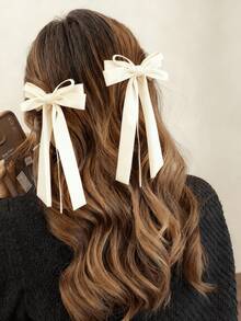 2pcs Velvet Hair Bow Clips With 2-Layer Ribbon Tails, Suitable As Christmas Gift And Wear, Fall/Winter Hair Accessories For Girls & Women, Hair Claws, Hair Slide, Hair Barrettes - White - View 4