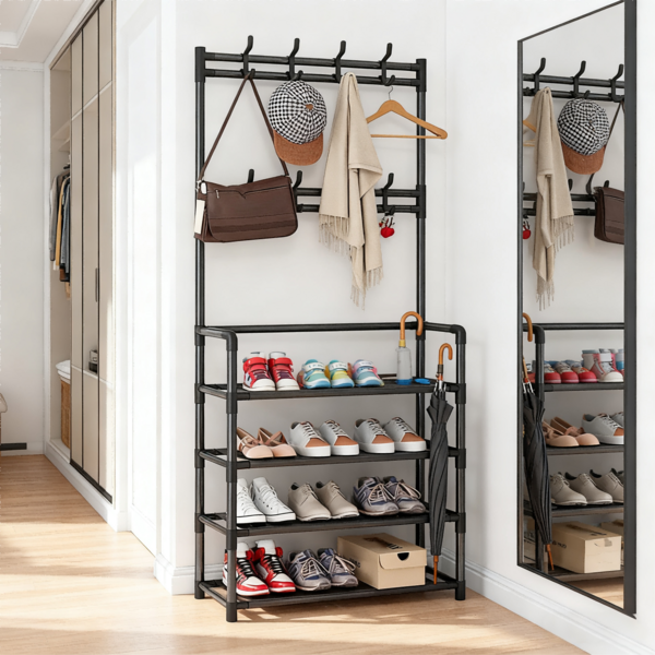 Vielseitiges 4/5-stufiges Metall Schuh- & Hutregal mit verstellbaren Ablagen und 8 Haken - Einfacher Aufbau, perfekt für Eingangsbereich, Badezimmer, Wohnzimmer - Schwarz/Weiß