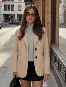 Women's Beige Regular Fit Long Sleeve Blazer Jacket With Buttons And Pockets