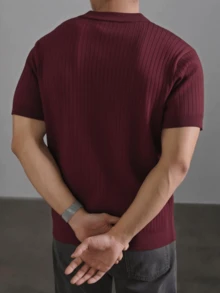 GRDR Men's Summer Solid Color Polo Collar Short Sleeve Knit Sweater, Suitable For Summer Outings, Essential For Fashionable Styling - Burgundy - View 3