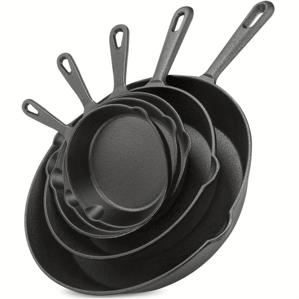 3/4/5PCS Cast Iron Skillet, Frying Pan With Drip Spout, Pre-Cooked Oven Cookware, Indoor And Outdoor Cooking For Camping, Grilling, Restaurant Chef Quality