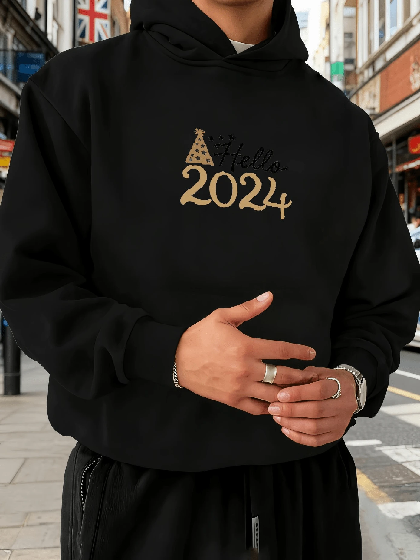 Sudadera con capucha ligeramente ancha que cubre, sudadera con capucha para hombres, uso diario, se ve ordenado y no arrastrado. - Negro - Ver 1