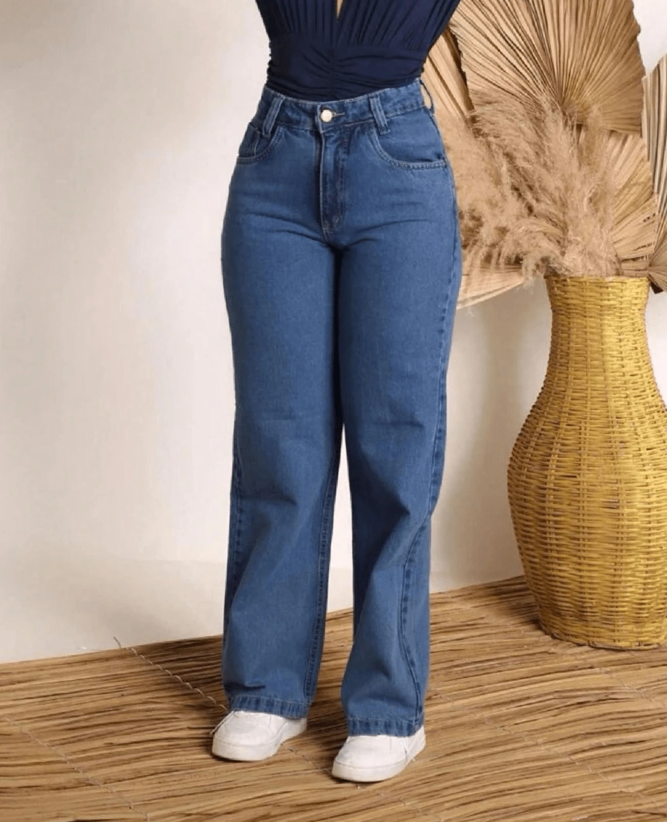 Women's Wide Leg Jeans, High Waist, Butt Lifting Design - Lavagem Escura 1 - View 1