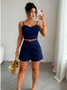 Women's Cropped Top And Tailored Shorts Set, Lina Moda, Sizes P, M, G - Azul Marino - Ver 4