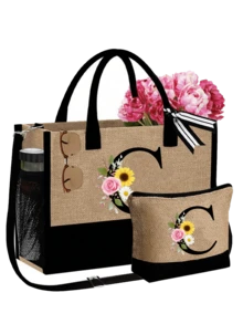 Personalized Floral Letter Linen Canvas Tote Bag Set, A-Z Letter Large Capacity Tote Bag With Matching Small Pouch, Suitable For Carrying Daily Essentials, Groceries, Travel Items, For Women, Fashion Lovers, Personalization Enthusiasts, Great For Daily Use, Shopping, Beach Travel, Adding Fashionable Personalized Accent To Outfits, Christmas/New Year Gift - Multicolor - View 27