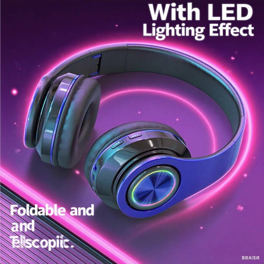 Wireless Headset, 5.2 Subwoofer Stereo, Game Music And Sports Dual-Mode Headset, With LED Lighting Effect, Adjustable, Long Battery Life Compatible Mobile Phone/Computer Multifunctional Headset - 藍色 - 查看 1