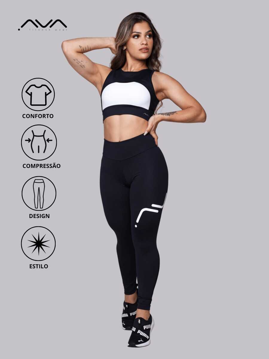 Women's Gym Set In Polyamide Suplex Fabric: Top With Opening And Leggings (Silk Fabric) By AVA Fitness - màu đen - Xem 1