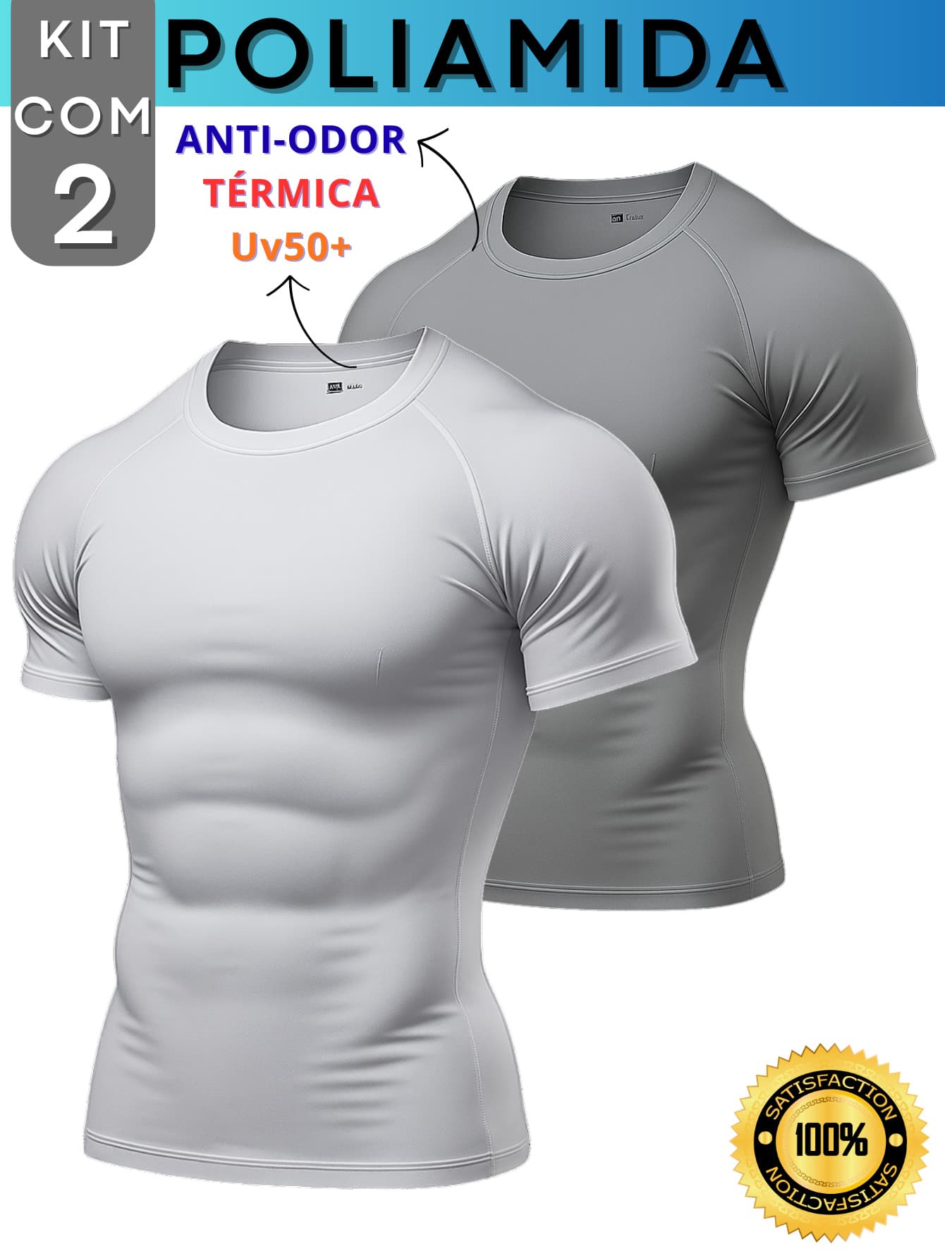 Kit Of 2 Men's Polyamide Compression Short Sleeve Thermal Anti-Odor UV50+ Raglan Shirts For Gym And Training KJG - White and Gray - View 1