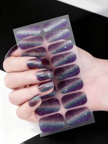 Blue Glitter Cat Eye Press-On Nails, Iridescent Magnetic Nail Strips With Chrome Powder, DIY False Nails For Women, Long-Lasting Manicure Kits (Ocean Sparkle Design) - 藍色 - 查看 11