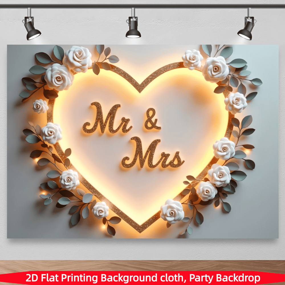 1 Piece, 2D Flat, Heart-Shaped Wedding Background Banner, Polyester Material, With Flower And Heart Pattern, Suitable For Wedding Party And Wedding Photography Background, Living Room And Bedroom Decoration, Photo Booth Props, The Best Choice For Gift Giving