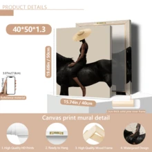 1 pieza Póster de arte moderno de pared, Impresión de arte abstracto moderno en lienzo, Póster de mujer montando, Mujer con gorro de punto montando un caballo negro, Arte elegante, Enmarcado o sin enmarcar, Decoración de habitación, Decoración del hogar, Decoración de dormitorio universitario, Regalos para decoración de paredes en hotel, hogar, regalo ideal de inauguración de la casa, sala de estar, dormitorio, baño y oficina