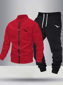 男士鸟类印花飞行员夹克和运动裤两件套，春秋季休闲户外服饰 - 紅色 - 查看 2