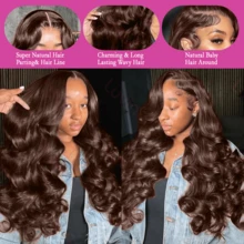 Peruca Frontal de Renda Sem Cola de Cabelo Misturado Humano com Densidade de 200%, Ondas Corporais Marrom Chocolate de 34 Polegadas, Pré-Aparada, Pré-Arrancada, Linha de Cabelo Natural 13x4 HD para Mulheres