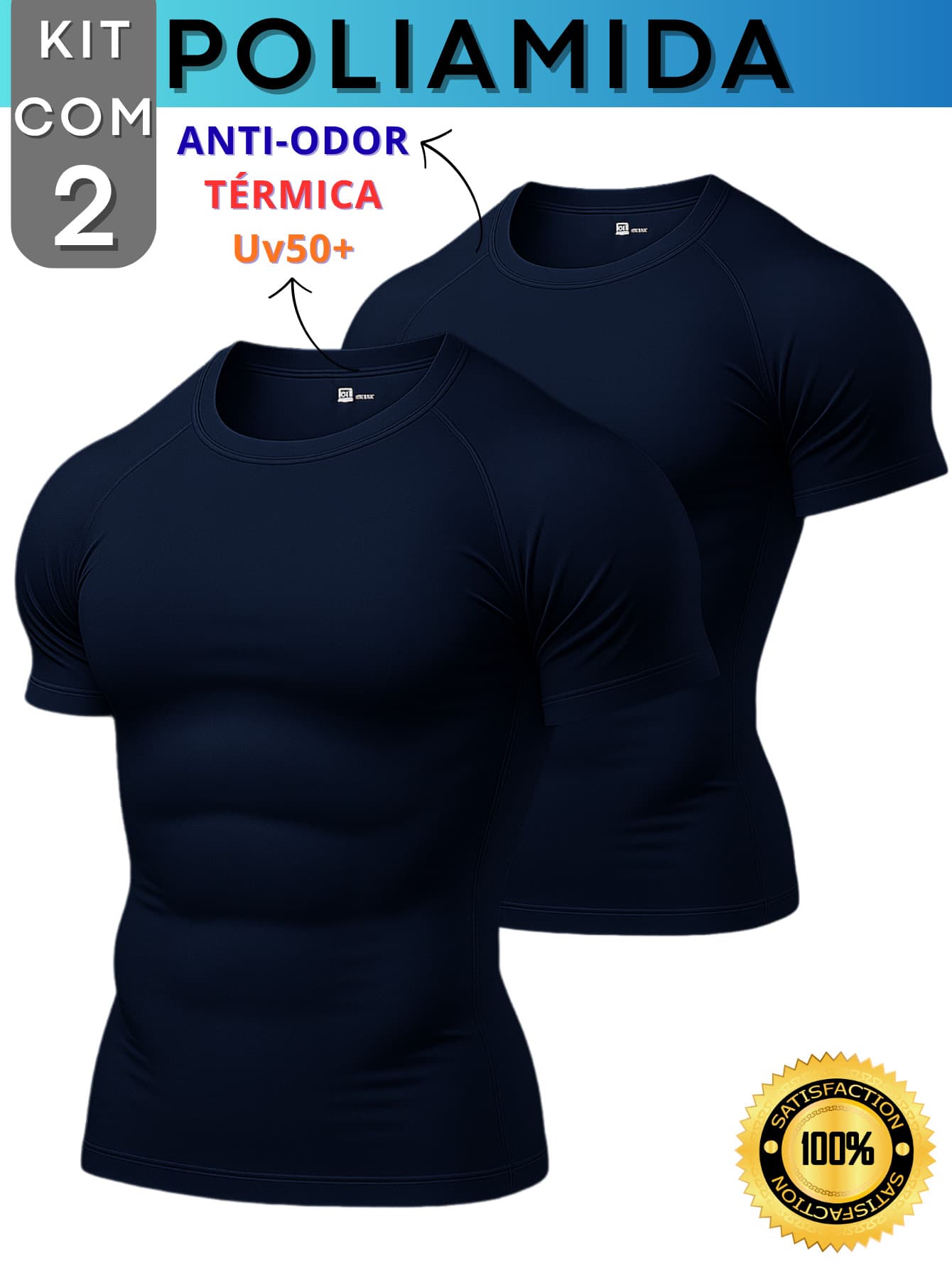 Kit Of 2 Men's Polyamide Compression Short Sleeve Thermal Anti-Odor UV50+ Raglan Shirts For Gym And Training KJG - Navy Blue and Navy Blue - View 1