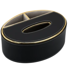 奢华竖条纹 PU 皮革椭圆形纸巾盒，优雅金边餐巾纸分配器 - 彩色 - 查看 12